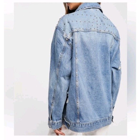 Free People Studded Distressed‎ Ripped Denim Trucker Jacket Boho Western - Picture 7 of 8